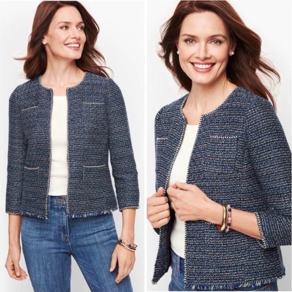 Talbots Sz 12 Airy Tweed Woven Jacket Open Front Fringe Trim Navy Classic